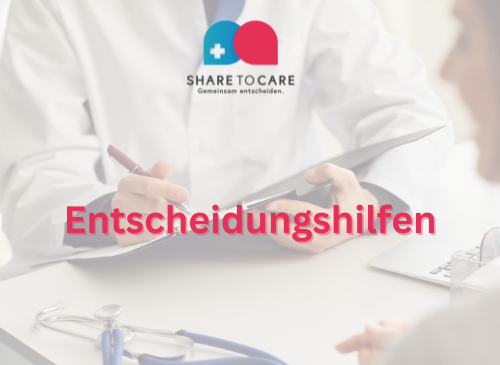 Das Bild zeigt Arzt und Patienten, die eine Liste durchgehen und eine Verlinkung zu den Entscheidungshilfen